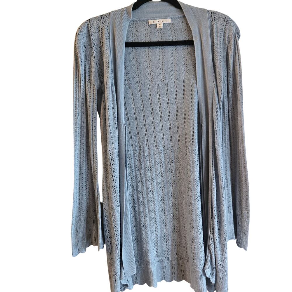 Cabi Women's Long Knit Cardigan Sky Blue Scalloped Trim Bell Sleeve Size Small